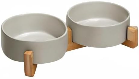 SPUNKYJUNKY Ceramic Dog and Cat Bowl with Wood Stand Non-Slip Matte Glaze Weighted Food Water Set for Cats &Small Dogs 13.5OZ