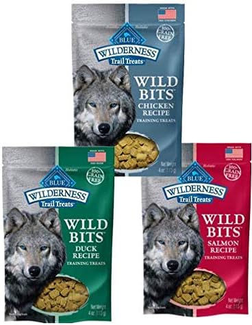 Blue Buffalo Wilderness Trail Treats Grain-Free Wild Bits Dog Treats - 3 Flavors (Salmon, Chicken, & Duck) - 4 Ounces Each (3 Total Pouches)