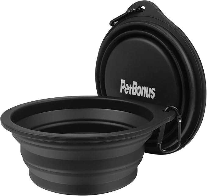 PetBonus 2-Pack Silicone Collapsible Dog Bowls, BPA Free Dishwasher Safe, Portable Foldable Expandable Travel Bowl, Food Water Feeding Cup Dish for Dogs Cats with 2 Carabiners (Black, Black)