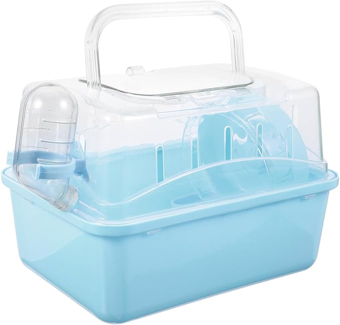 POPETPOP Small Animal Carrier Cage with Water Bottle - Portable Hamster Travel Cage with Handles for Hedgehog Hamster Rat Bearded Dragon Ferret Chinchillas (Sky-Blue) 11"*6.69"