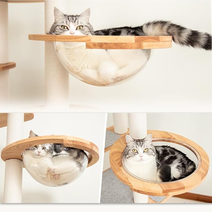 Wooden Cat Tower for Large Cats 63’‘, Modern Multi-Level Condo with Natural Wood, Indoor Cat Furniture for Medium and Big Pets (White 81007s)
