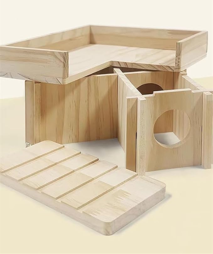 Hamster House Multi Chamber Wooden Hamster Maze Tunnel with Ladder Gerbil Hideout Castle Small Animal House Hut Habitats Cage Accessories for Hamster Rat Gerbils and Other Small Pets