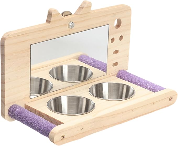 Bird Mirror Parrot Perch with Mirror and Feeding Cups Parrot Cage Swing Wooden Mirror Fun Play Toy for Lovebird Parakeets Conures Cockatiels