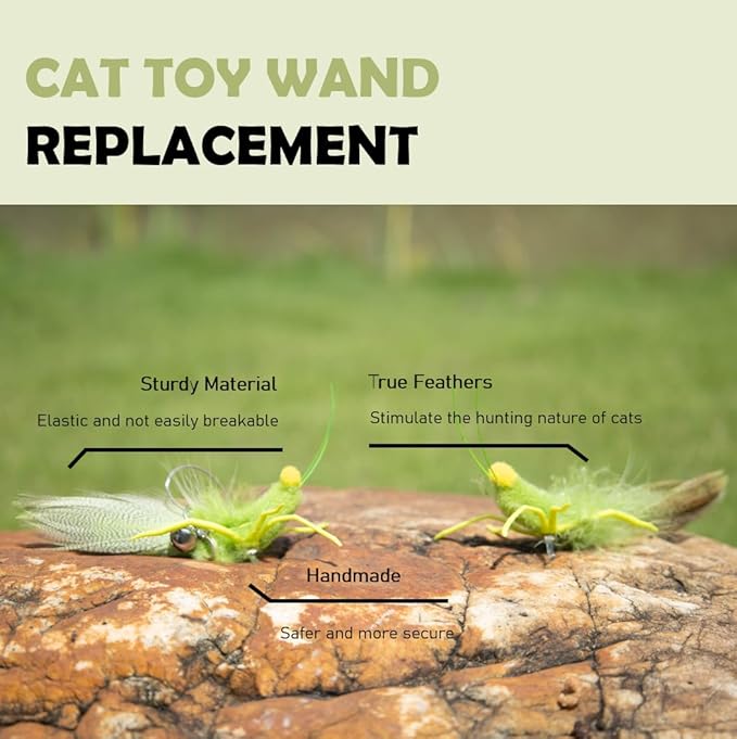 Cat Insect Feather Toys Replacement - 2 Pcs Handmade Natural Grasshopper - Cat Toy Wand Refills - Interactive Kitten Teaser Wand Attachments - Cat Toys for Indoor Cats Play