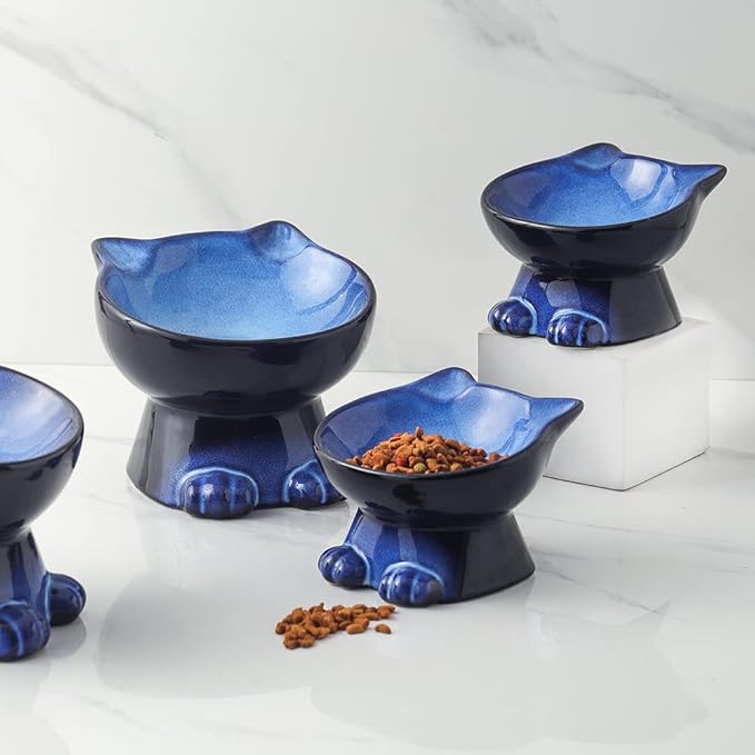 Nihow Elevated Cat/Dog Bowls Set : 6.2 Inch Ceramic Raised Cat Food & Water Bowl Set for Protecting Pet's Spine - Feeding & Watering Supplies for Cat/Small Size Dog - Elegant Blue & Black (2 PC)