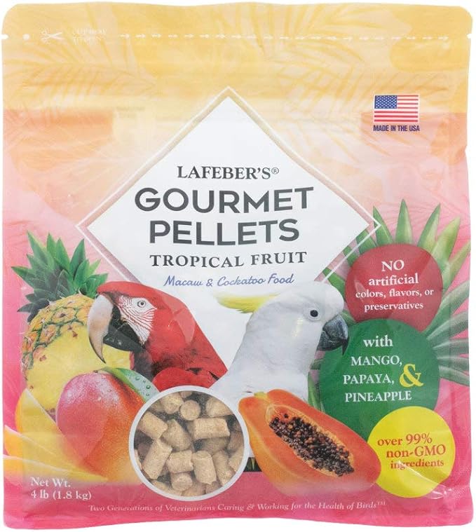 LAFEBER'S Tropical Fruit Gourmet Pellets Pet Bird Food, No Added Sugar, Made with Non-GMO and Human-Grade Ingredients, for Macaws and Cockatoos, 4 lb