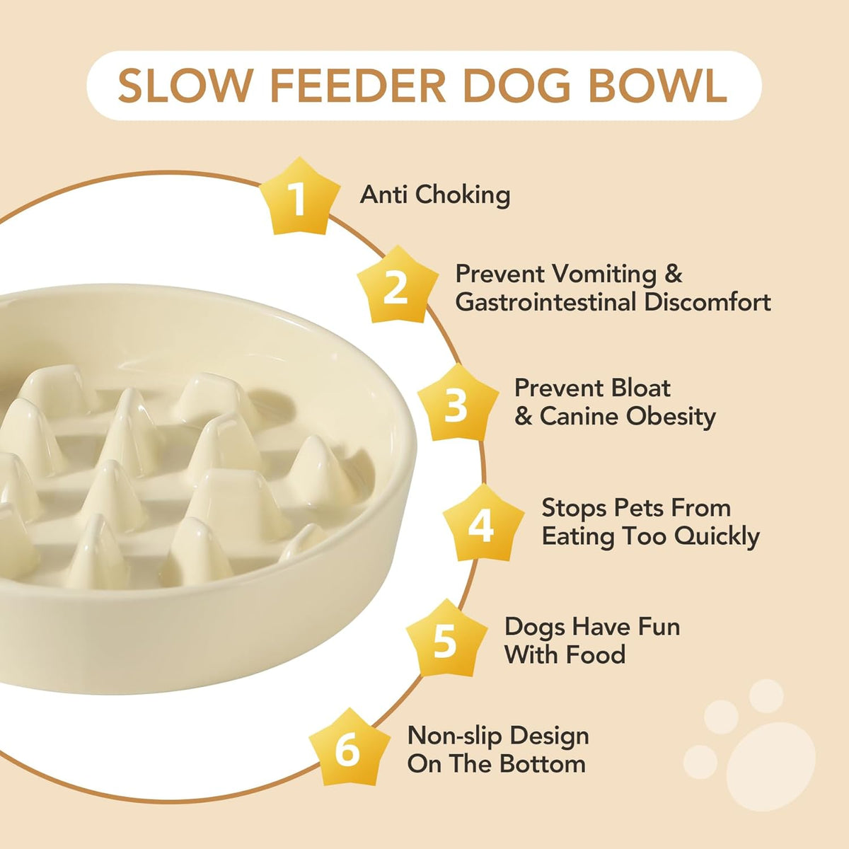 Ceramic Raised Slow Feeder Dog Bowl Set, Elevated 8.2inch Bowl and 9.5inch Slow Pet Food Dish with Wooden Stand for Large Dog (2 x Beige+ Stand)