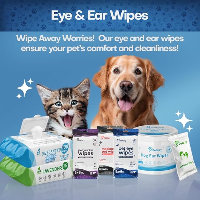 Pet Eye Wipes for Dogs | 3X Larger Unscented Hypoallergenic Gentle Eye Cleaner Wipes for Dogs & Cats | Pet Tear Stain Remover Wipes | 60 Count