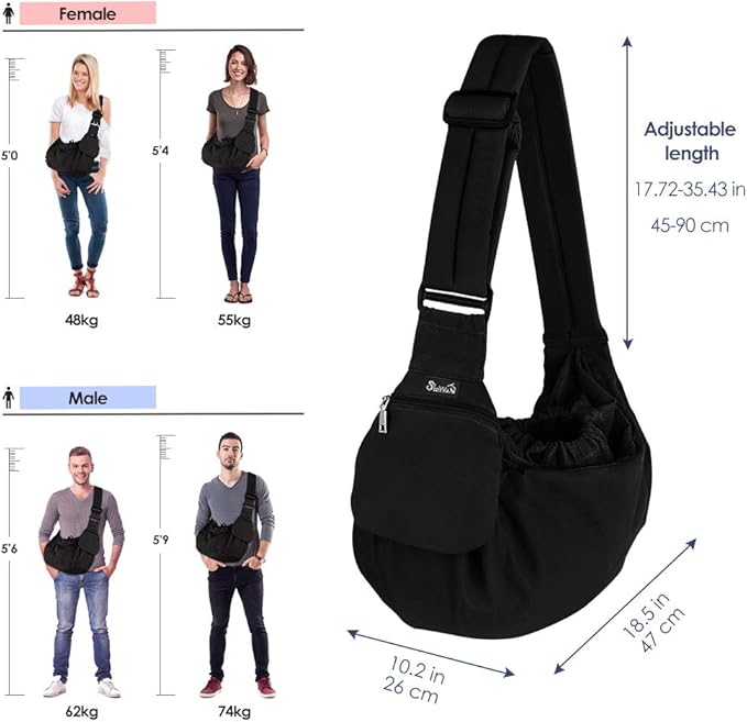 Lukovee Dog Sling Carrier, Hard Bottom Support & Adjustable Soft Padded Shoudler Strap Dog Slings for Small Dogs, Dog Purse with Drawstring Mesh Opening & Zipper Pockets for Puppy Cat Pet (Black-BN)