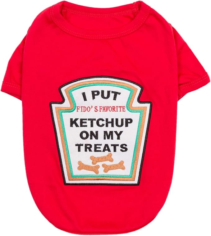Parisian Pet Dog Shirt - Embroidered “I Put Ketchup on My Treats“ - 100% Cotton and Polyester Dog Clothes - Sleeved, Lightweight Costume for Dogs - Red Dog Shirts for Large Dogs - Pet Costumes - XL