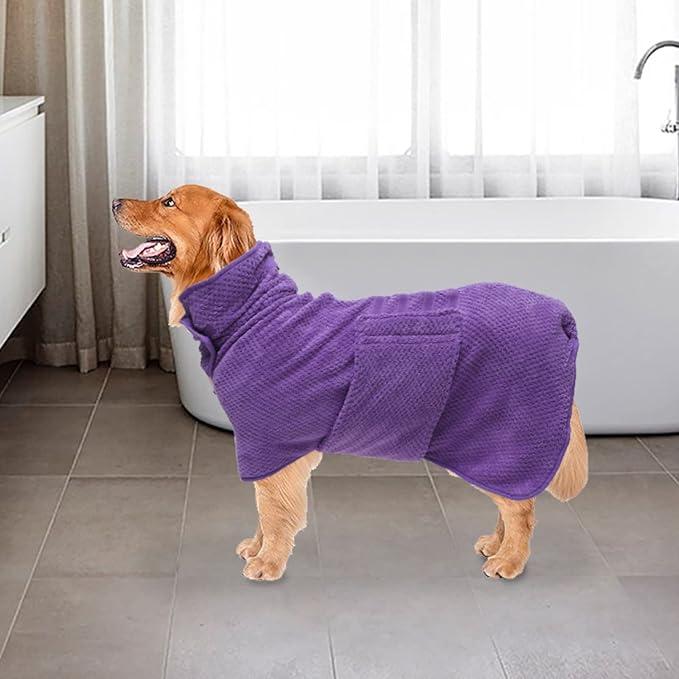Geyecete Pineapple Grid Fast Drying Super Absorbent Dog Cat Bath Robe Towel - Purple, XL