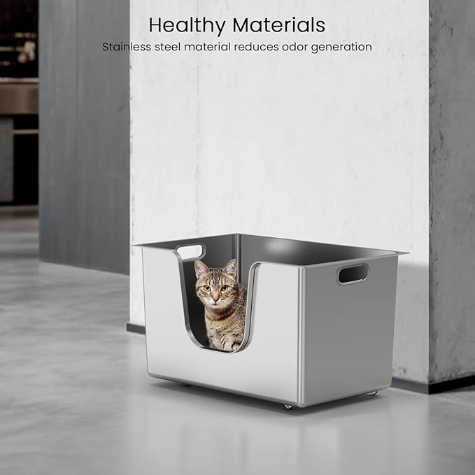 Stainless Steel Cat Litter Box 11.8” High Sides, Large Metal Litter Box with Low Entry for Big Cats, Leak-Proof Pet Toilet Kitty Litter Pan with Wheels for Mobility, Easy to Clean & Non-Stick