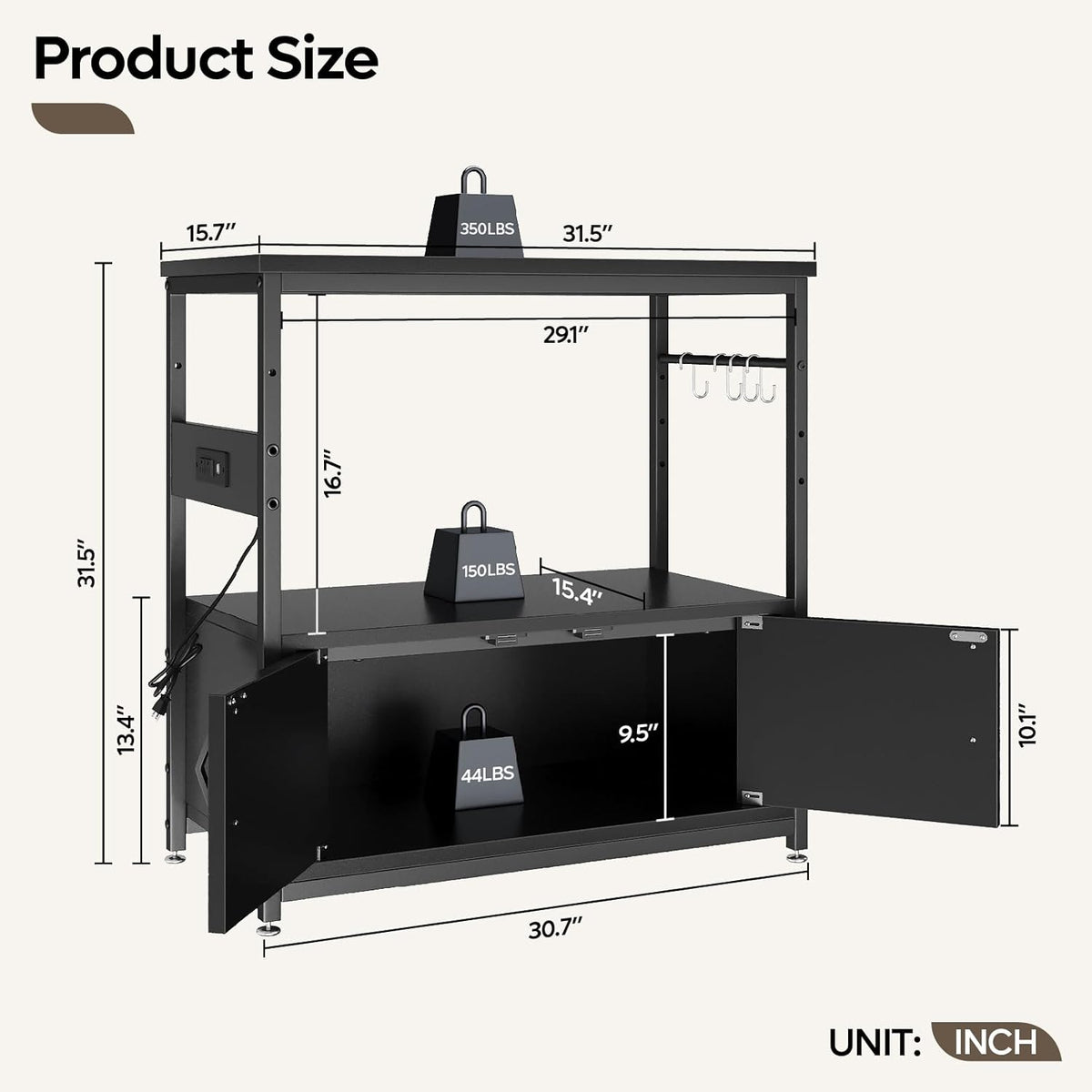 Bestier 20-29 Gallon Fish Tank Stand with Power Outlets, Metal Long Aquarium Stand with Storage Cabinet, 31x15 Reptile Terrarium Stand with Horizontal Gold Line, Stainless Hooks, 350 Lbs(Black)