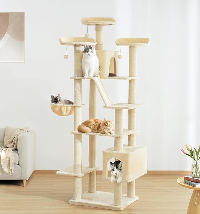 Made4Pets Tall Cat Tree, 80" Cat Tree Tower for Indoor Cats Large Adult, Modern Cat Tower with Scratching Post, Cozy Hammock, 3 Perches and 2 Condos, Sturdy and Fluffy, Beige