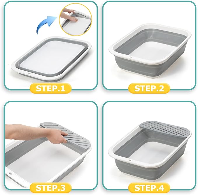 Foldable Cat Litter Box, Large Height-Adjustable Anti-Splash Open Air Kitty Litter Pan, Easy Clean with Scoop (Gray)