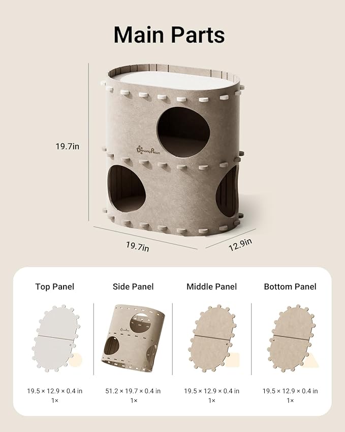 DownyPaws Cat House for Indoor Cats, 2-Storey Foldable Cat Bed Cave, Felt Cats Tunnel Bed Condo, Castle Kitten Cube Hideaway for Multicats, Scratch Resistant, Cream