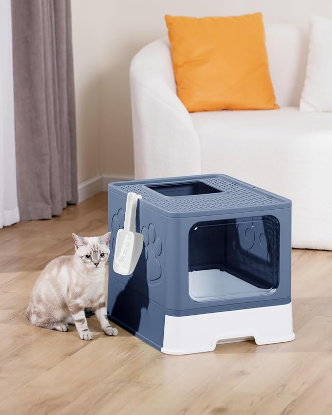 Enclosed Cat Litter Box, Large Litter Box for Big Cats, Covered Kitty Litter Boxes with Lid, Top Entry Cat Box Enclosure with Scoop, Odor Control, Easy to Clean(Blue)