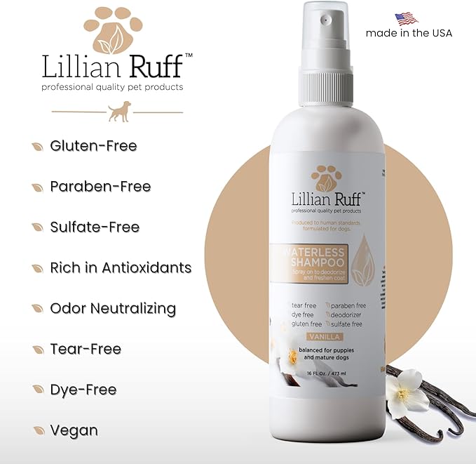Lillian Ruff Waterless No-Rinse Dog Dry Shampoo Spray with Hydrating Essential Oils - pH-Balanced Dry Shampoo for Dogs - Clean, Condition, Detangle & Deodorize Dry, Sensitive Skin (Vanilla)