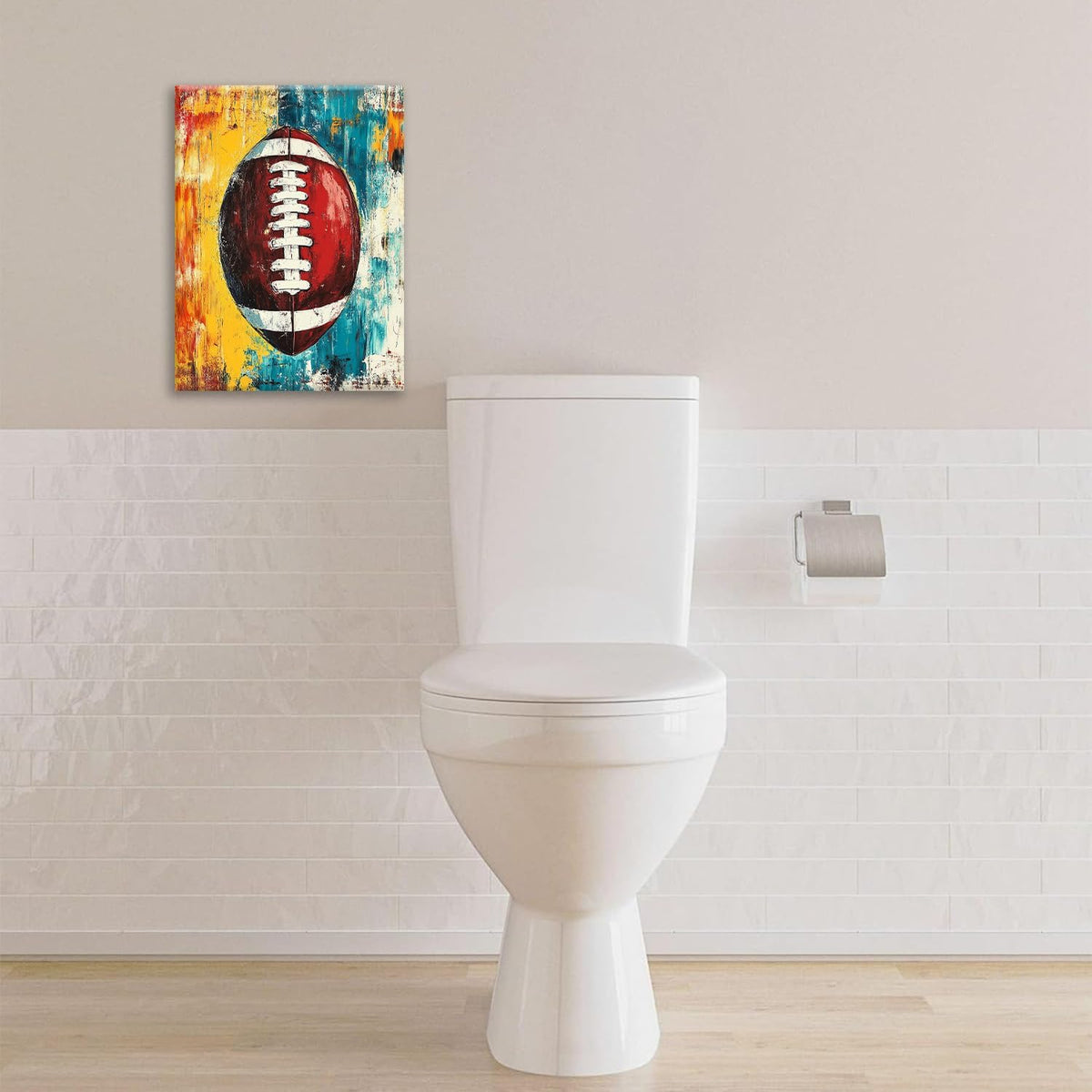 Graffiti Football Bathroom Pictures Wall Art, Rugby Sport Bathroom Wall Decor, Colorful Football Framed Painting Canvas Artwork for Bedroom Living Room Decorations 20"L x 16"W