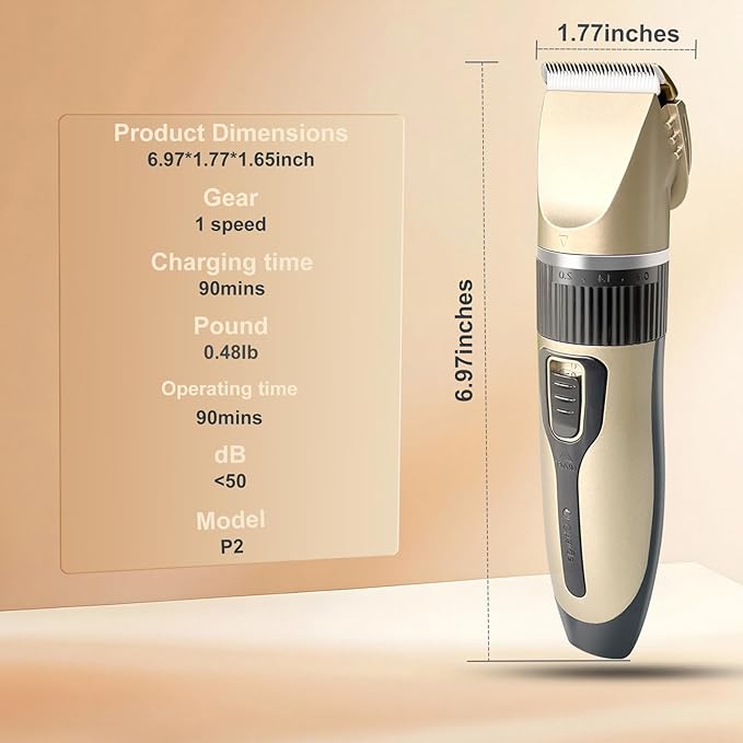 Dog Pet Grooming Kit Low Noise - Cordless Rechargeable Clippers for Dogs/Cats - Upgraded Accessory Version with Two Scissors and a Storage Bag (Gold)