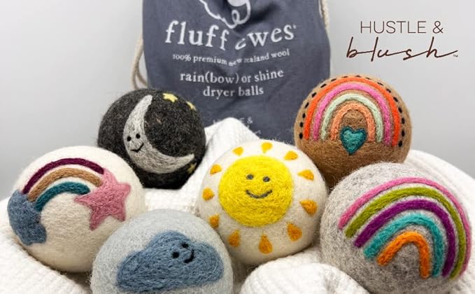Fluff Ewes Wool Dryer Balls 6 Pack Premium New Zealand Wool Laundry Balls for Dryer, No Static Dryer Balls Laundry Reusable, XL Wool Dryer Balls Cute, Baby Dryer Balls for Dryers - Rainbow or Shine