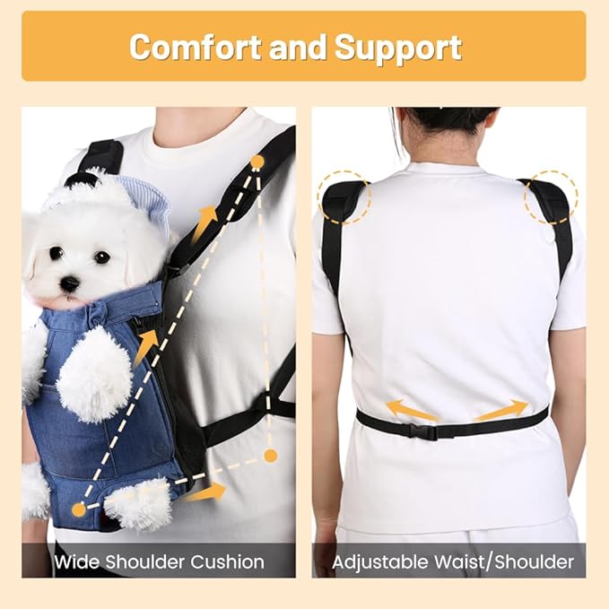 Inspack Dog Backpack Carrier/Cat Carrier, Adjustable Pet Front Carriers Travel Bag for Puppy Med Dogs, Legs Out, Soft Ventilated Dog Chest Carry Backpacks for Hiking/Camping, 2.5-4 lbs, Indigo Denim
