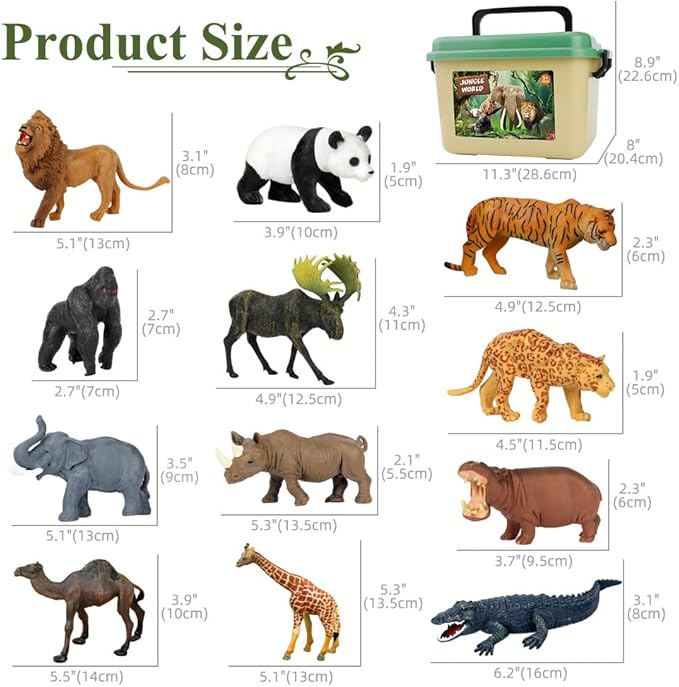 Mini Tudou 12 Pcs Safari Animals Figures Toys w/ 57x38.6’’ Large Activity Play Mat, Realistic Jumbo Jungle Wild Zoo Animals Figurines Playset w/Elephant, Giraffe, Lion for Kids Boys