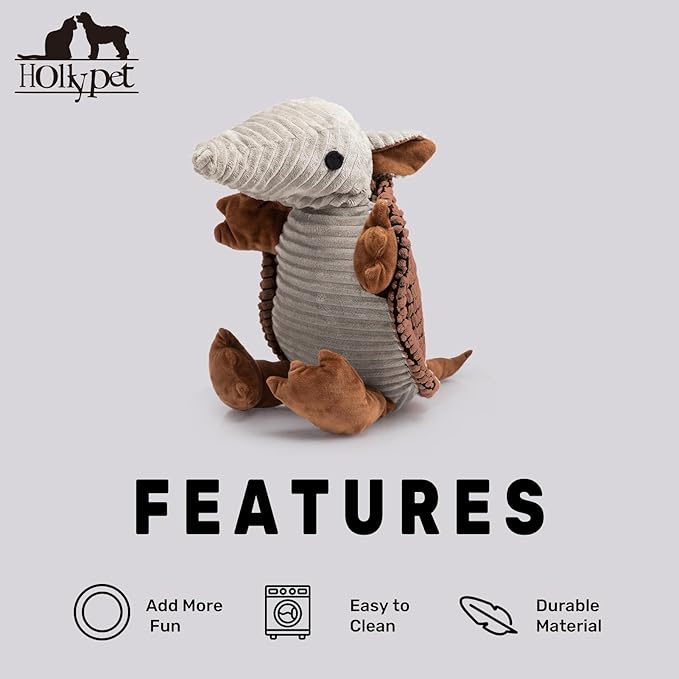 Hollypet Plush Dog Squeaky Toy Stuffed Armadillo Animal Pet Puppy Chew Toys with Clean Teeth for Small Medium Large All Breed Sizes Dogs, Brown, 14 in