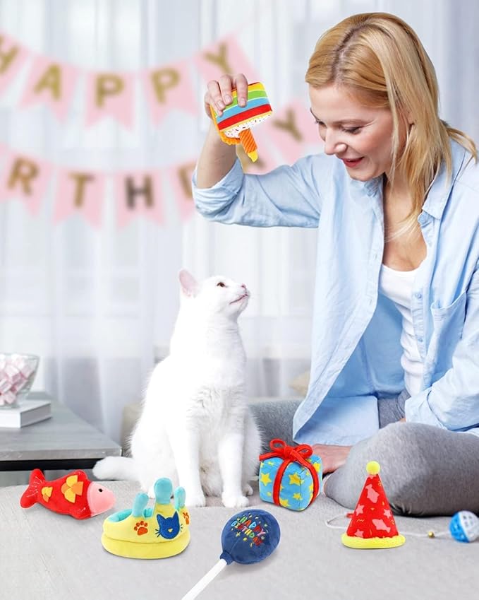 CiyvoLyeen 6Pcs Birthday Themed Catnip Toys Cat Birthday Gift Kitten Interactive Toys for Cat Lover Cake Crown Fish Soft Plush Catmint Pet Supplies Kitty Chew Kick Toys
