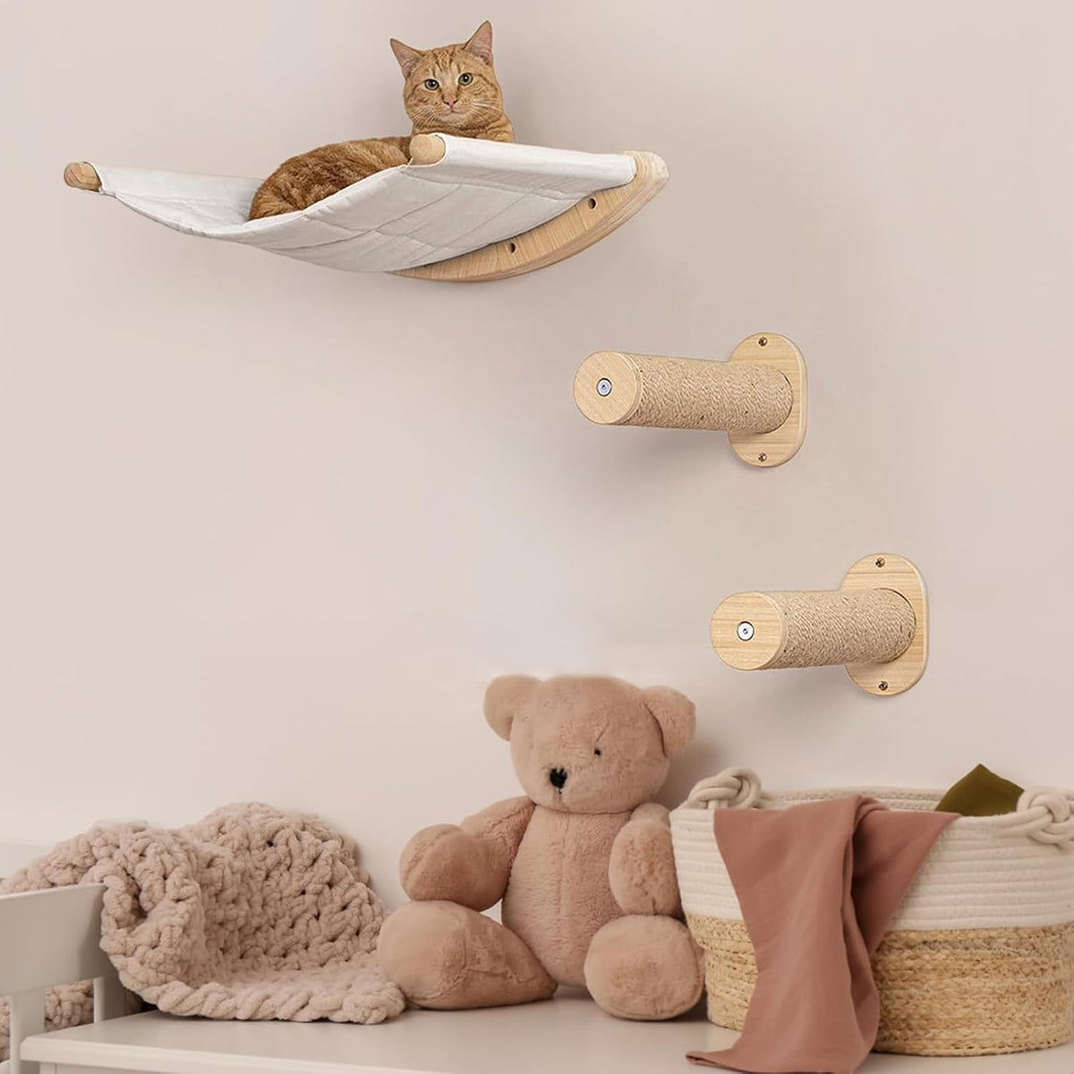 Cat Wall Furniture Set,Cat Hammock Wall Mounted Shelf with Two Steps,Cats Shelf and Perches for Wall Sleeping,Playing,Climbing and Lounging for Kitty Large Cats