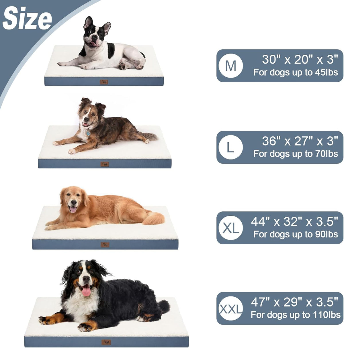 Dog Beds for Large Dogs, Orthopedic Dog Bed for Extra Large Dogs, Big Waterproof Pet Bed with Washable Removable Oxford Cover, Blue White