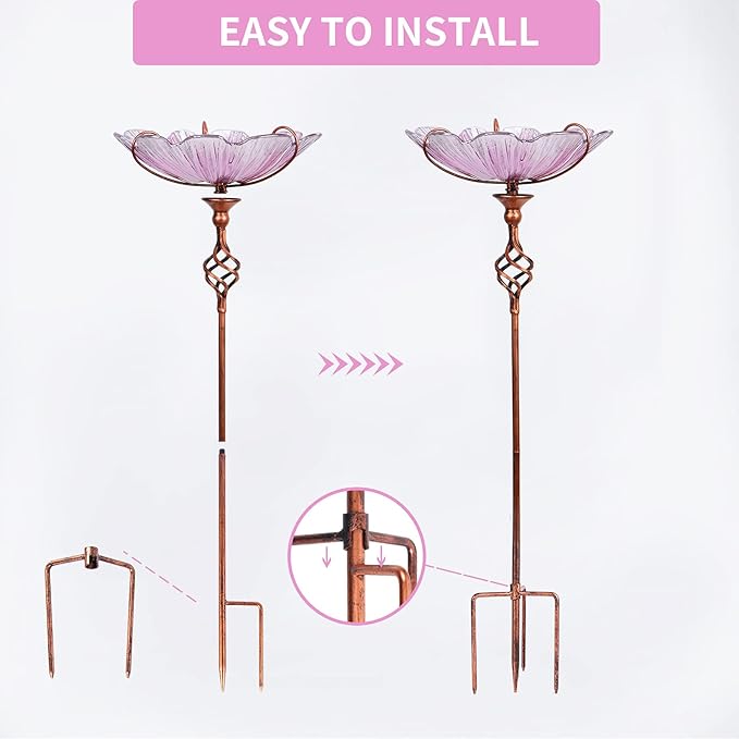MUMTOP 31 Inch Height Glass Birdbath Birdfeeder with Metal Stake Garden Yard Outdoor Pink