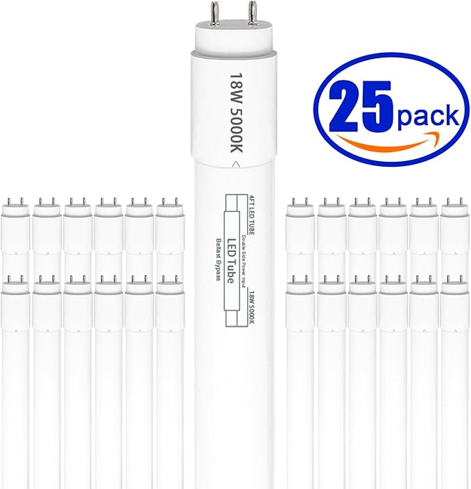 25 Pack, T8 Led Bulbs 4 Foot 18W, Type B Ballast Bypass, 48 inch Led Bulbs Replacement for F32T8, F20T10, F40T12 Fluorescent Tubes Light Bulb, Dual Ended Power Input, 5000K 2300lm
