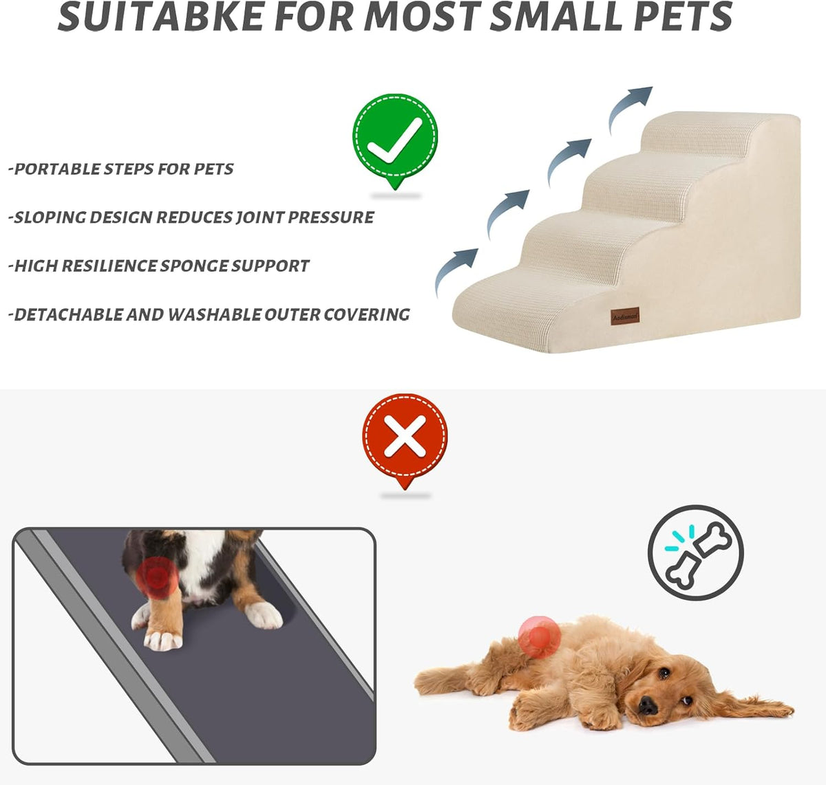 4-Step Dog Stairs and Ramp for Beds or Couches,Non-Slip Sturdy Pet Steps for Small Dogs and Cats,17.4" H,Beige