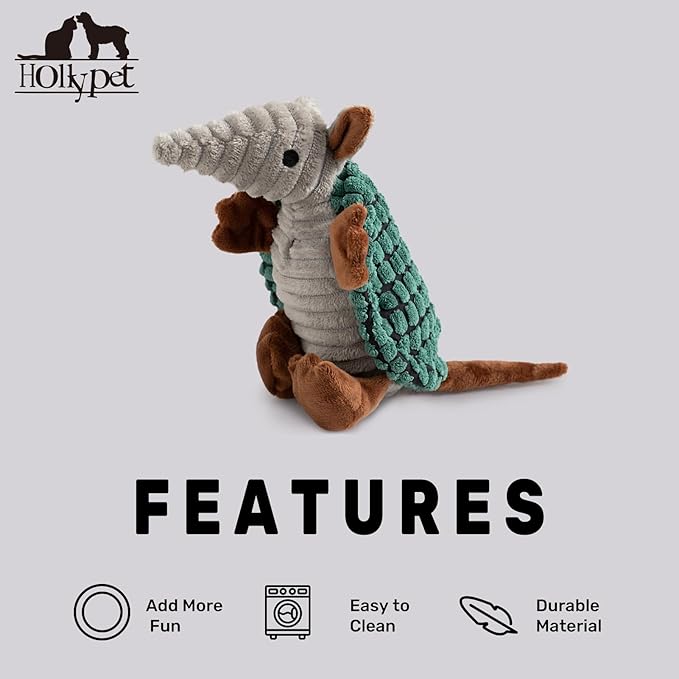 Hollypet Plush Dog Squeaky Toy Stuffed Armadillo Animal Pet Puppy Chew Toys with Clean Teeth for Small Medium Large All Breed Sizes Dogs, Deep Green,8 in