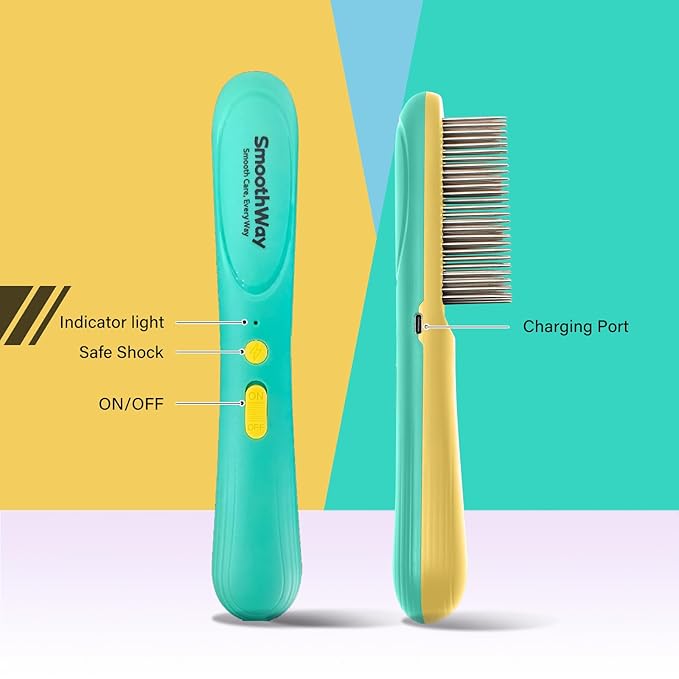 Premium Flea Comb for Dogs & Cats with Long Hair - 3-Row Stainless Steel Detection Tool with Manual Cleaning Brush | Electric Negative Ion Grooming Comb for Shaggy Dogs, Cats and Long-haired Animals