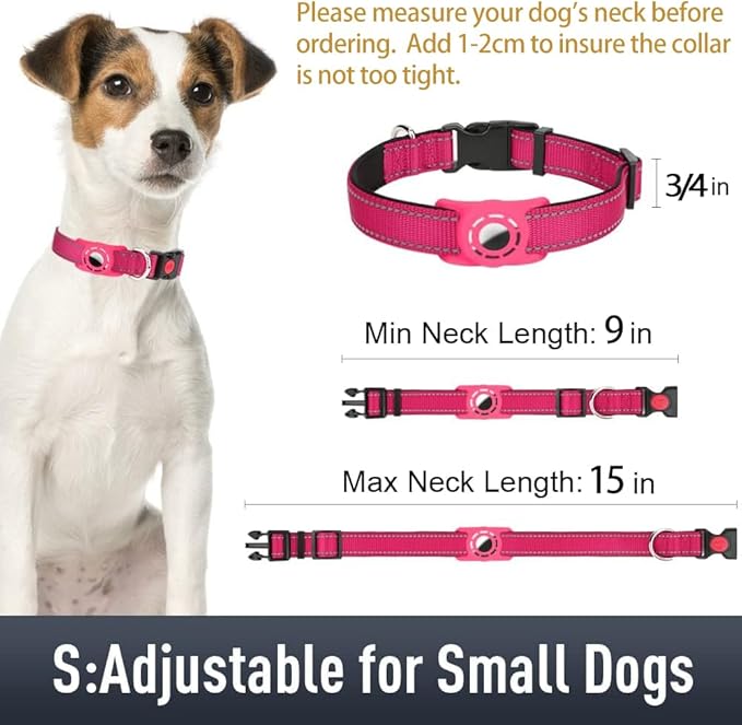 Airtag Dog Collar with AirTag Holder for Small Dogs, Reflective, Soft Padded & Safety Locking Buckle, Nylon Pet Collars Adjustable for All Breeds, Hotpink,S