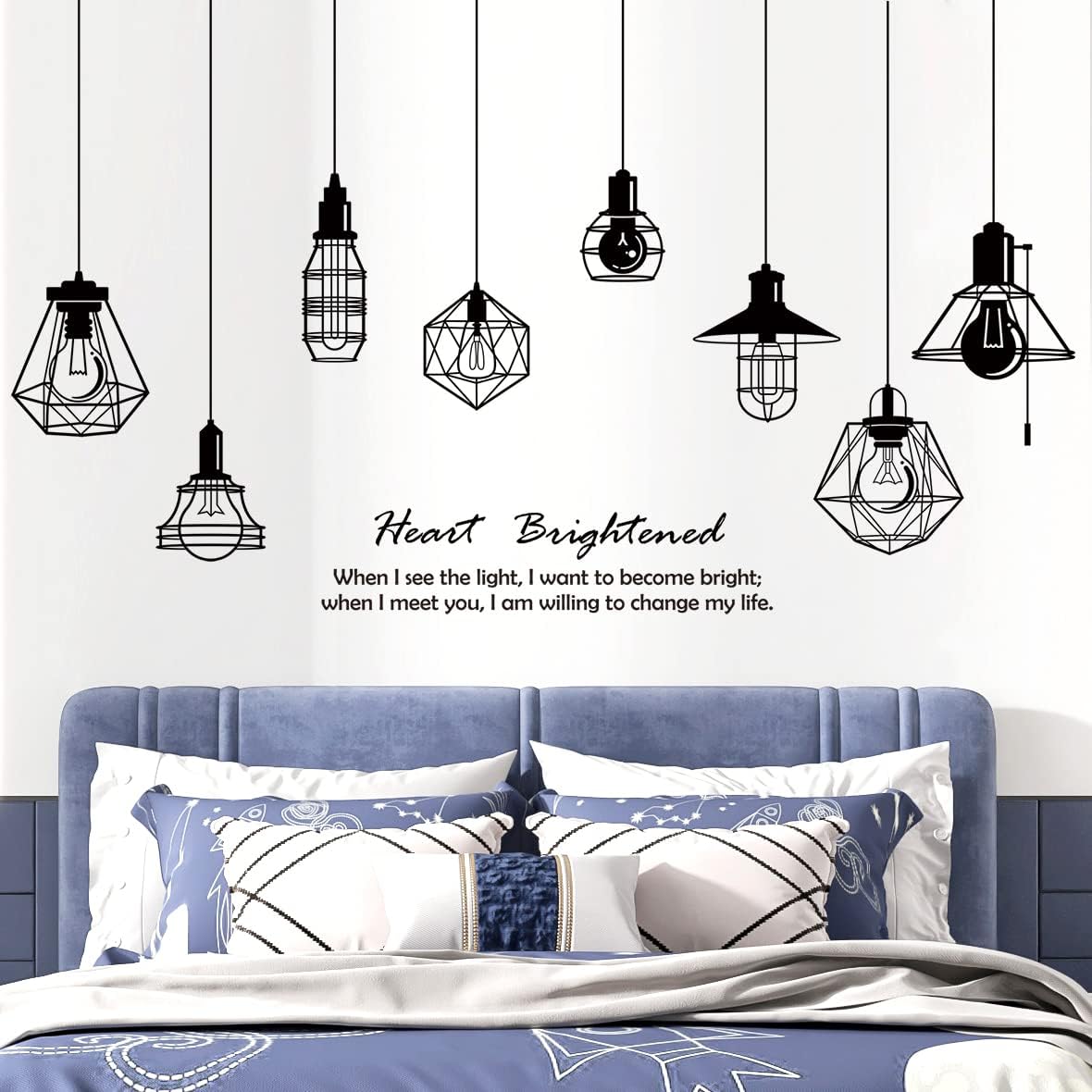 Removable 8pcs Hanging Black Vinyl Chandeliers Wall Sticker Quotes Heart Brightened Wall Decal DIY Peel and Stick Decor for Kids Boys and Girls Bedroom Living Room Studyroom Playroom Classroom