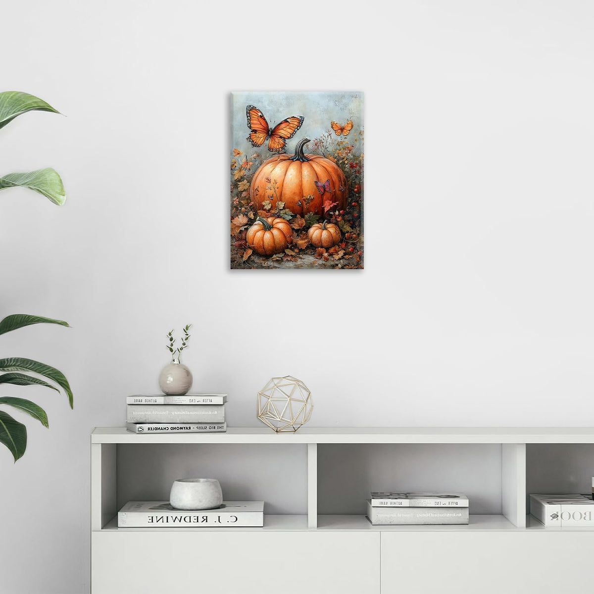Fall Pumpkin Pictures Wall Art, Rustic Thanksgiving Bathroom Wall Decor, Farmhouse Autumn Butterfly Framed Painting Canvas Artwork for Harvest Gift Bedroom Living Room Decorations 20"L x 16"W