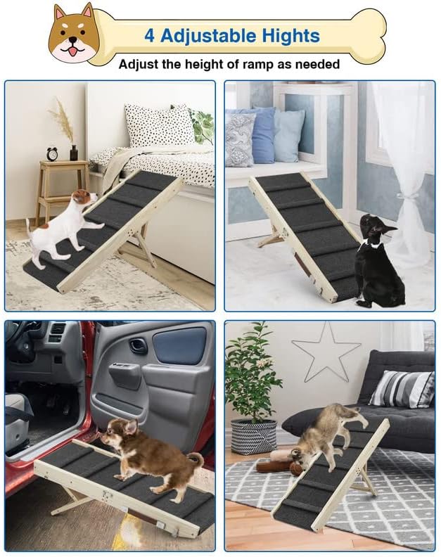 Adjustable Dog Ramp, Wooden Folding Portable Pet Ramp,Rated for 30 LBS, 32.6" Long and Adjustable from 10" to 19" with Non-Slip Traction Mat, Dog Step for Bed, Couch,Car (Grey)