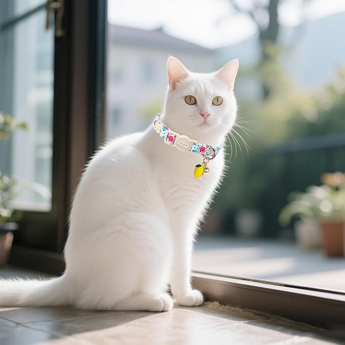 Unique style paws 2 Pack Spring Summer Kitten Collar Breakaway with Bell&Pendant, Adjustable Safety Blue Lemon Dinosaur Cat Cotton Collar for Girl Boy Cat and Small Pet