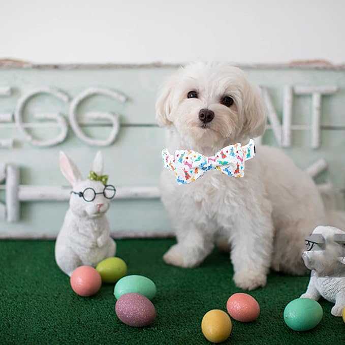 Lionheart glory Easter Dog Collar with Bow Tie Rabbit Print Dog Collar Girl or Boy Soft Durable Adjustable Collar Bows Spring Collar Dog Bow for Large Dogs
