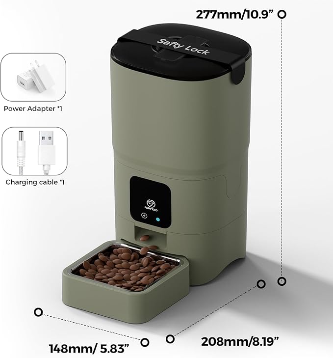 PAPIFEED Automatic Cat Feeder Upgrade, Smart Cat Feeder 6L - APP/Alexa Control, Dual Power Supply, Anti-chewing Cord, Stainless Steel Bowl, Anti-chewing Design for Cats and Small/Medium Dogs (Greener)