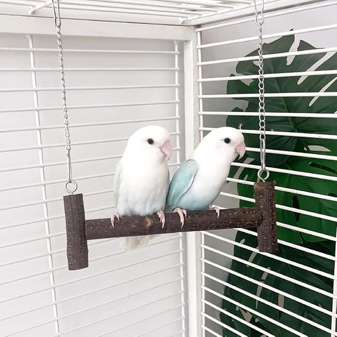 Natural Wood Parakeet Swing Toy, Cockatiel, Lovebird, Budgie Wooden Perch Stand, Small and Medium Bird Cage Accessories (Large)