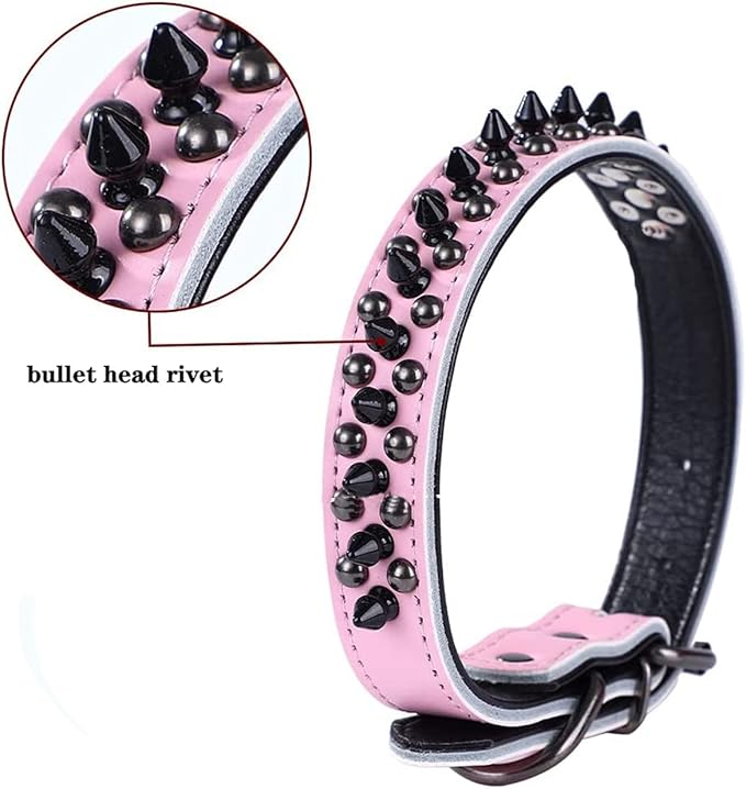 Spiked Studded Dog Collar, Genuine Leather Dog Collar, Adjustable Pet Collars for Medium Large Bulldog Pitbull Mastiff Poodle Boxer (L:37-47cm, Red-1)