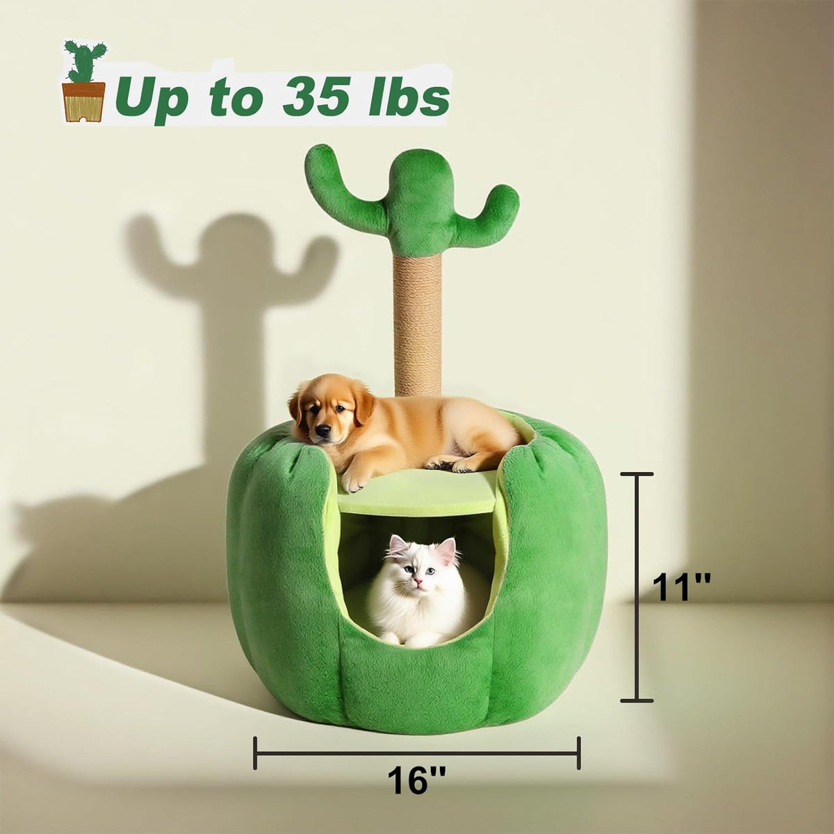 Cat Houses for Indoor Cats, Small Cat Tree with Sisal Ropes and Plush Perch, Cute Cat Bed Cave with Soft Pillow, Cactus Design