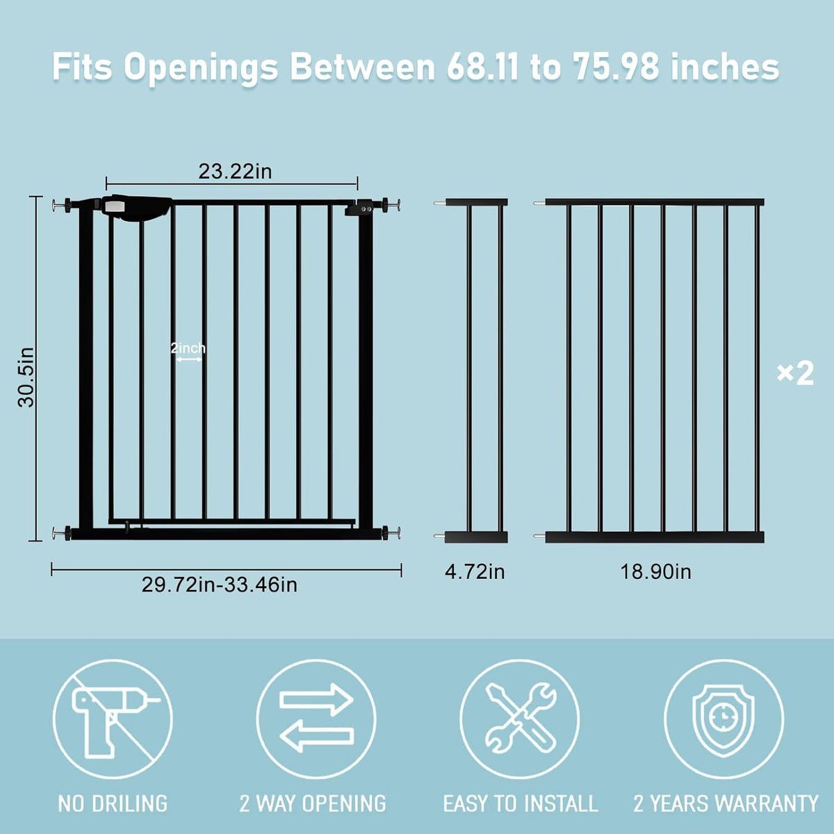 WAOWAO Triple Lock 68.11-75.98" Baby Gate Extra Wide Pressure Mounted Walk Through Swing Auto Close Safety Black Metal Dog Pet Puppy for Stairs,Doorways,Kitchen