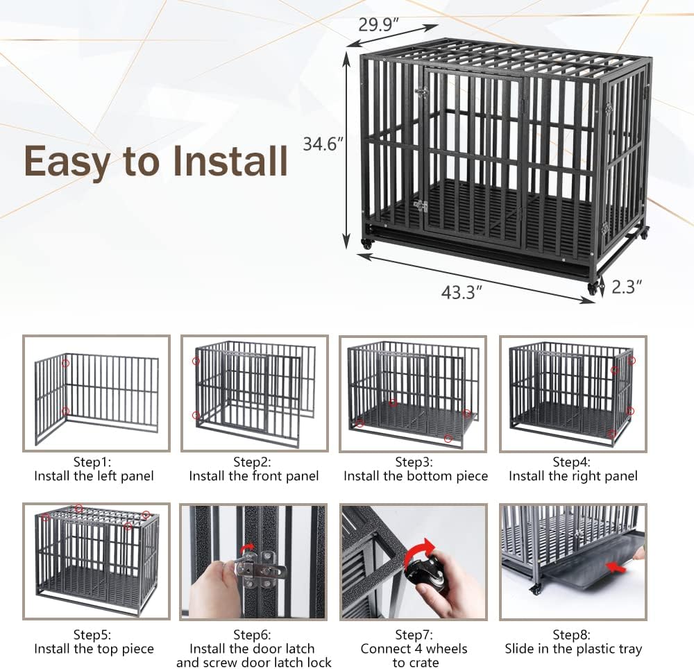 LUCKUP Heavy Duty Dog Crate-42 inch Large Metal Dog Cage with 2 Doors and 4 Wheels, Stackable Dog Kennel for Large & Medium Dogs, Removable Tray