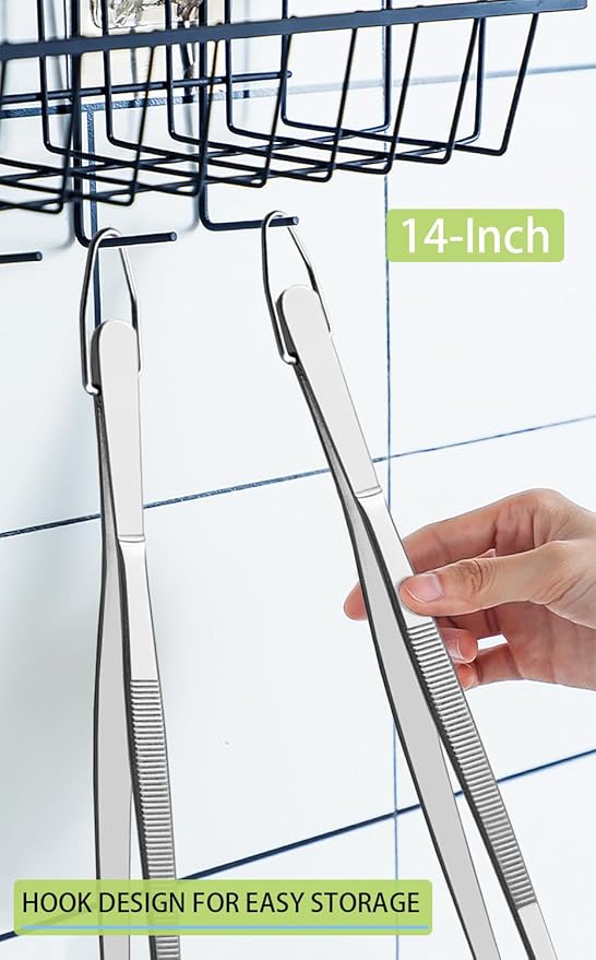 JETKONG 2 Pcs 14-Inch Food Tweezers Stainless Steel Tweezer Tongs Extra-Long Cooking Tweezers (Silver)