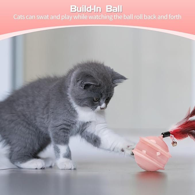 Colurful LED Interactive Cat Feather Toy Ball for Bored Indoor Adult Cats Chase Automatic Moving Ball Rechargeable Self Rolling Automated Tumbler Toy Electric Cat Toy (Pink)